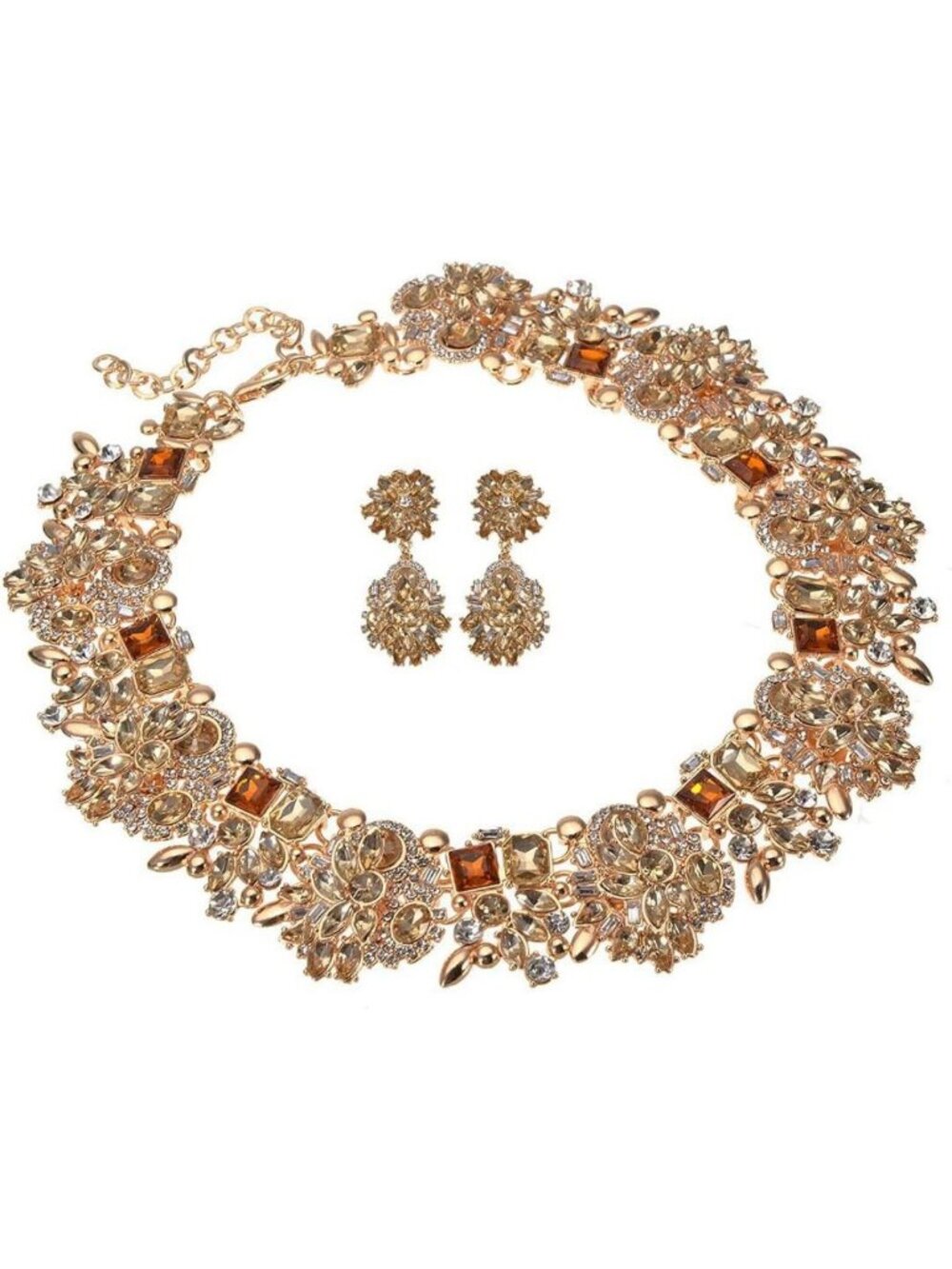Vintage Crystal Rhinestone Choker Bib Necklace & Earring Set - Fashion Jewelry